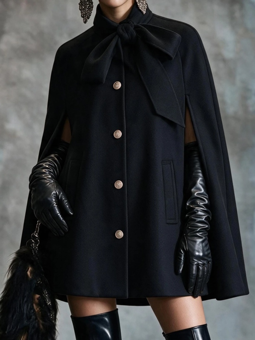 Classic Black Cape Button Down Neck Tie Jacket Coat